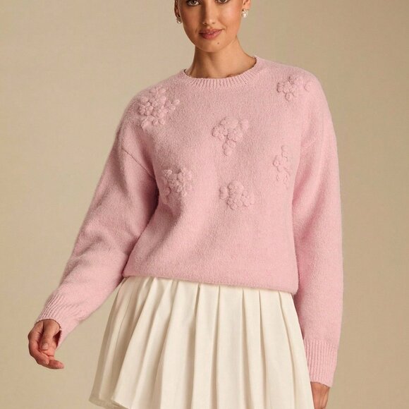 Pink Romantic Women's Pastel 3D Flowers Embroidered Long Sleeve Cute Sweater - Picture 4 of 8